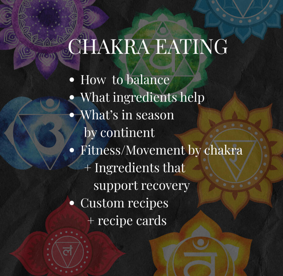 Chakra Eating Series for seasonal ingredients by continent, correlating recipes, fitness/movement suggestions and the ingredients that support recovery plus a Kundalini bonus 7 eBook series on eating for your chakras plus one bonus Kundalini eBook. All with fitness suggestions and custom recipes.